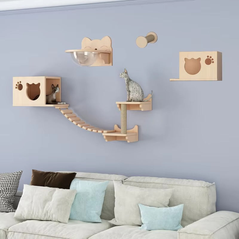 Solid Wood Cat Climbing Frame DIY Wall-Mounted Diving Board Cat Nest All-in-One No Hole Punching