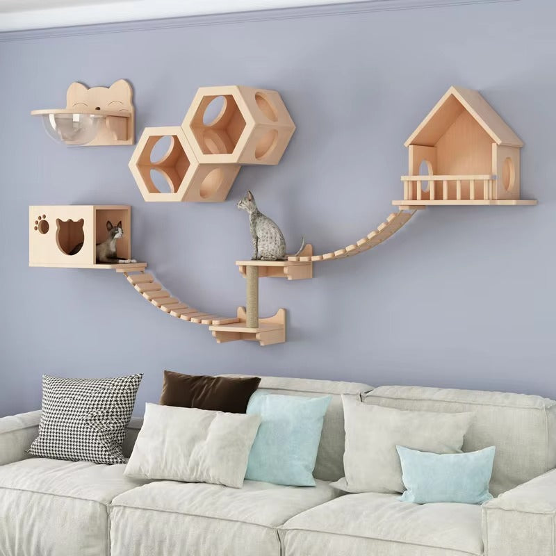 Solid Wood Cat Climbing Frame DIY Wall-Mounted Diving Board Cat Nest All-in-One No Hole Punching