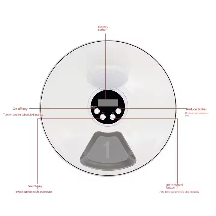 Intelligent Timed Quantity 6 Meals 6 Grills Cat and Dog Automatic Dry Food Machine 24 Hours Food Round Pet Feeder